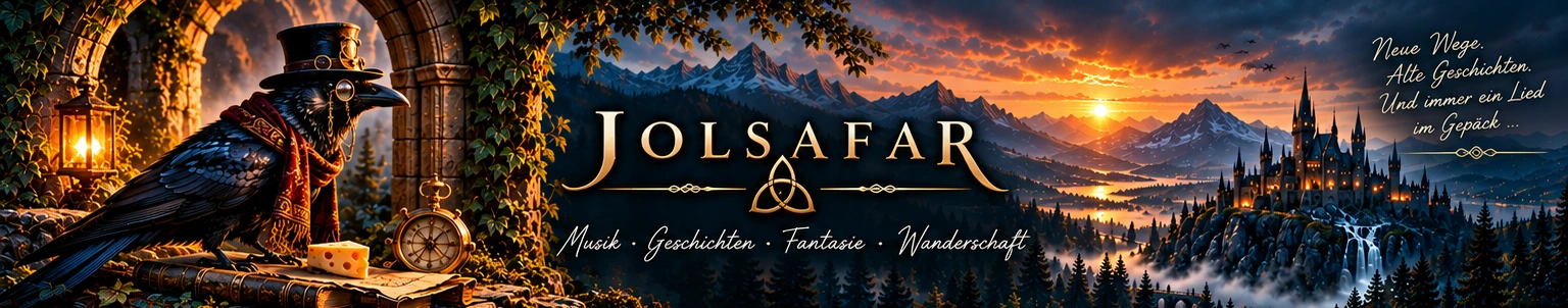 JOLSAFAR, viktorianischer Rabe mit Zylinder und Schal vor einer fantastischen Landschaft